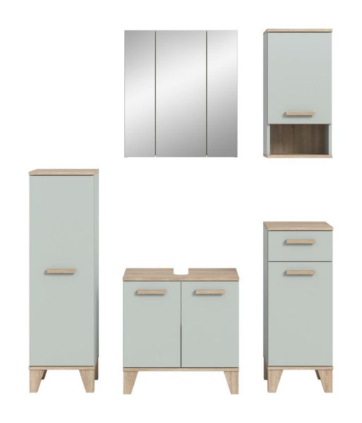 Badezimmermöbel Set bestehend aus Spiegelschrank, Waschbeckenunterschrank, Hochschrank, Hängeschrank und Kommode in moderner Holzoptik.