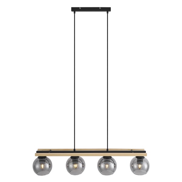 Moderne Pendelleuchte mit vier Glaskugeln und Holzelement für den Essbereich