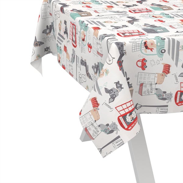 Tischdecke mit Hunde- und Stadtmotiv