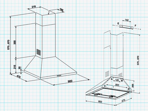 Technische Zeichnung einer Wand-Dunstabzugshaube mit Maßangaben in Millimetern für Breite, Höhe und Tiefe.