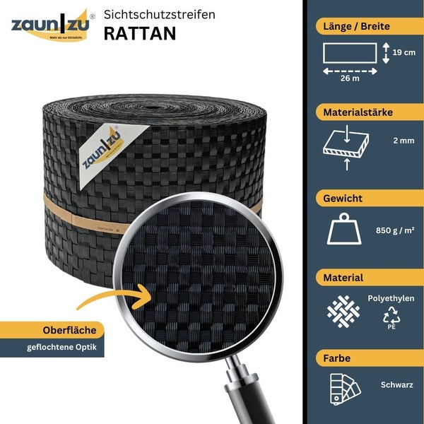Zaun zu Sichtschutzstreifen Rattan, 26 Meter lang und 19 Zentimeter breit, aus Polyethylen mit geflochtener Optik, Materialstärke 2 Millimeter, Gewicht 850 Gramm pro Quadratmeter