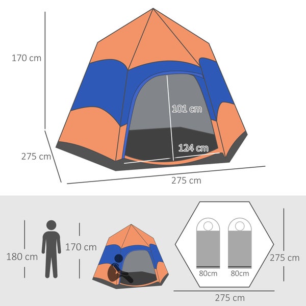 Outsunny Quick-Up-Zelt, Doppelwandzelt, Polyester + Glasfaser,  275 x 275 x 170 cm, Polyester, Glasfaser, Oxford-Gewebe, Orange + Blau