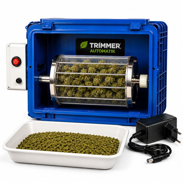 Trimmer Automatik Erntemaschine mit Metalltrommel, Kontrollbox, Netzteil und Auffangschale für Pflanzenmaterial.