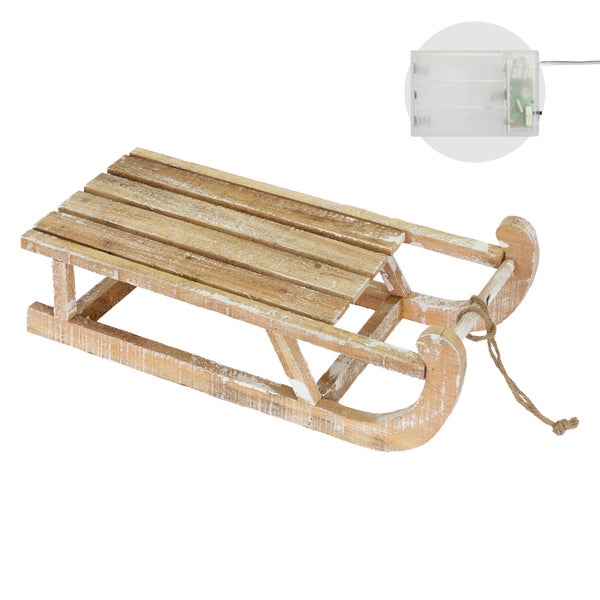 ECD Germany Deko Schlitten aus Holz, 50,5 x 13,5 x 23,5 cm, Braun, Natur, mit LED, Weihnachtsdeko, Weihnachten Dekoration, mit Batterien, Holzschlitten, Holz Deko, Dekoration, Dekoschlitten