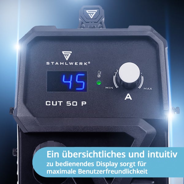 Detailansicht des Stahlwerk CUT 50 P Plasmaschneiders mit digitaler Anzeige und Einstellknopf