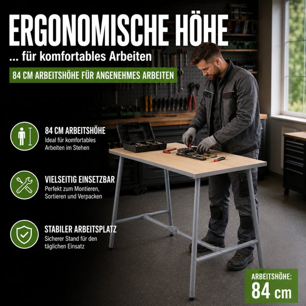 Arbeitstisch mit 84 Zentimeter Arbeitshöhe, Holzplatte und Metallgestell, vielseitig einsetzbar für Montage und Verpackung in einer Werkstatt.