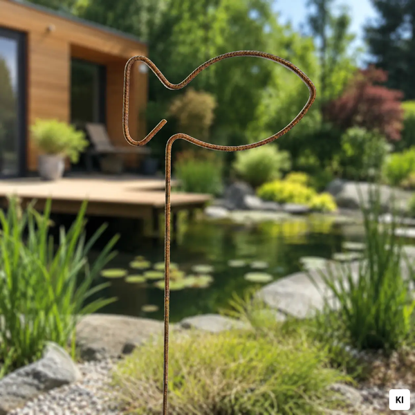 Gartenstecker in Fischform aus Metall mit Rost-Optik in einem hellen, gepflegten Garten mit Teich und modernem Holzhaus.