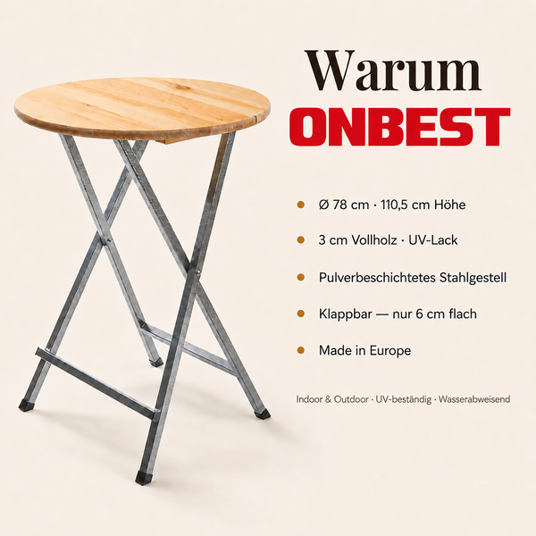 ONBEST Stehtisch, Massivholzplatte, pulverbeschichtetes Stahlgestell, klappbar, Durchmesser 78 Zentimeter, Höhe 110,5 Zentimeter.