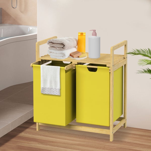 ML-Design Wäschekorb aus Bambus, Gelb, Wäschebox mit 2 Fächern, Wäschesammler mit 2 ausziehbaren Wäschesäcken 60 L, Wäschetruhe mit Ablage, Wäschesortierer für Badezimmer, Wäschetonne mit Regal