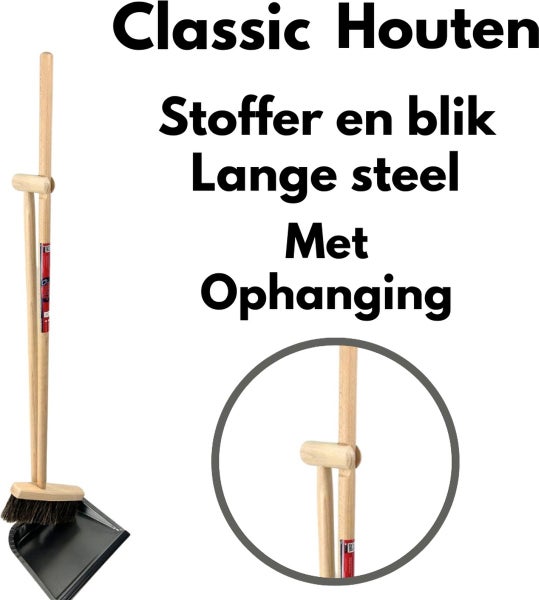 Klassische Holz Kehrgarnitur mit Langstiel und praktischer Haltevorrichtung.