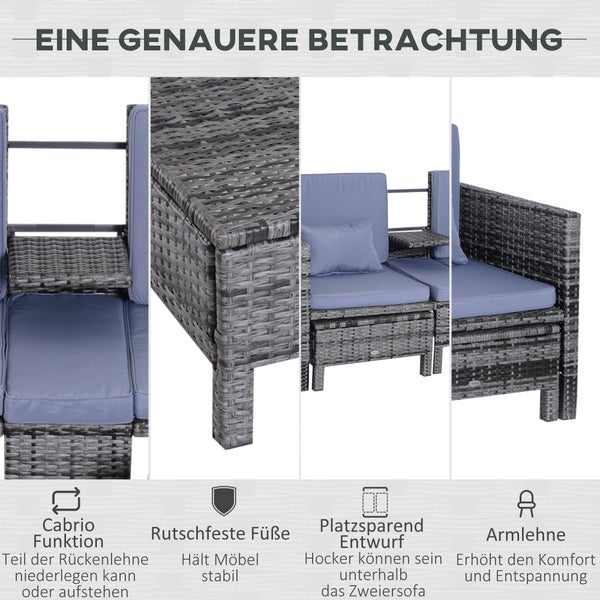 Outsunny 3-tlg. Gartensofa, Sitzgruppe Grau, 2er-Sofa, 2 x Hocker Kissen, L162 x B65 x H86 cm, Polyrattan + Metall, Grau