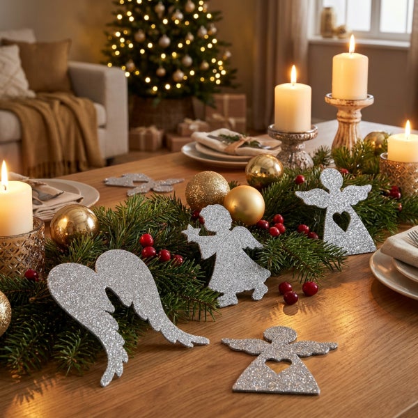 Festlich gedeckter Esstisch mit weihnachtlicher Tischdekoration, bestehend aus Tannengrün, glitzernden Engelsfiguren, Weihnachtskugeln und Kerzen.