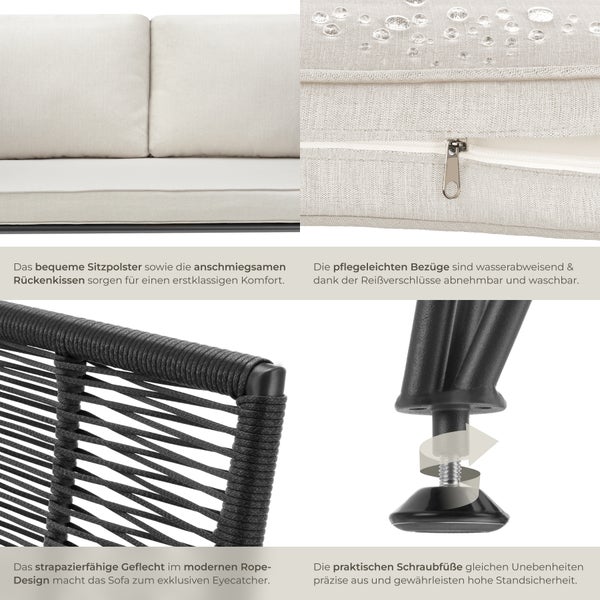 Garten-Loungesofa tectake Sundo 131 x 67 x 71 cm rundes Polyrattan im Rope-Design anthrazit