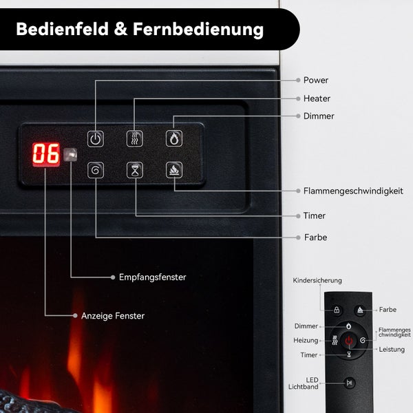 Bedienfeld und Fernbedienung eines Kamins mit verschiedenen Einstellungen wie Leistung, Heizung, Dimmer, Flammengeschwindigkeit, Timer und Farbe