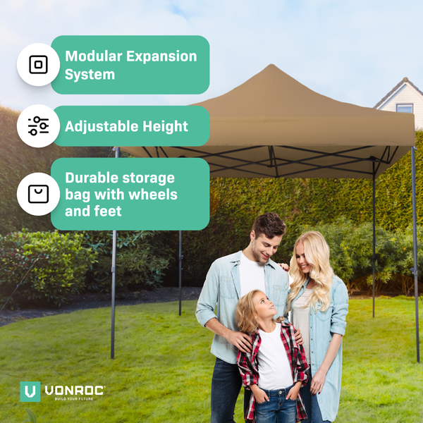 VONROC Pavillon 3x3m wasserdicht stabil - Partyzelt EasyUp System [3Min Aufbau] Popup Faltpavillon modular erweiterbar als Festival Zelt, Gartenpavillon