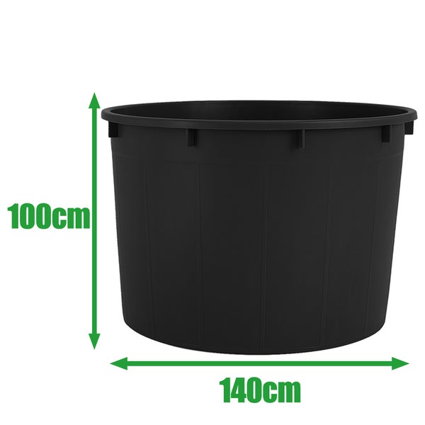 Schwarzer Mörtelkübel mit den Maßen 100 cm Höhe und 140 cm Durchmesser.