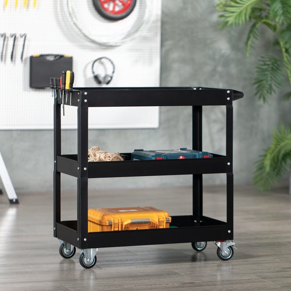 DURHAND Werkstattwagen mit 3 Etagen, Werkzeugwagen leer, Transportwagen mit seitlicher Griff, 4 Rollen, bis 150 kg Tragkraft, Stahl, 83 x 35,3 x 76 cm, Schwarz