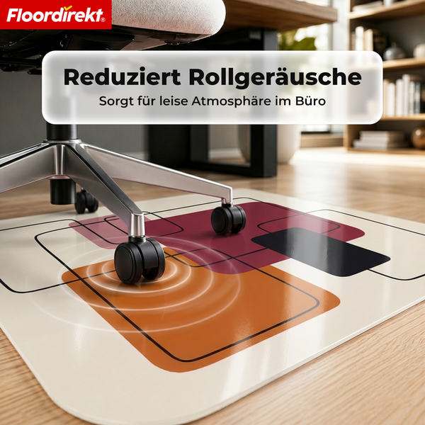 Floordirekt Logo. Bodenschutzmatte mit geometrischem Muster unter einem Bürostuhl auf Holzboden. Reduziert Rollgeräusche im Büro.