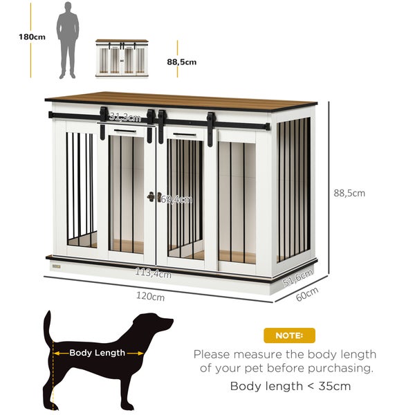 PawHut Hundekäfig, Hundehütte mit Zweiraum-Option, Haustierkäfig mit Doppeltüren, Hundebox, Hundehaus für Mittelegroße Hunde, 120 x 60 x 88,5 cm, Weiß