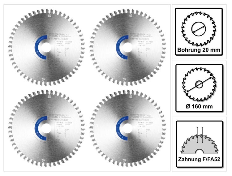 Festool 4x Kreissägeblatt Aluminium / Plastics HW 160 x 1,8 x 20 mm F/FA52 ( 4x 205555 ) für Tauchsägen TS 55 F, TSC 55 K & Handkreissägen HK 55, HKC 55