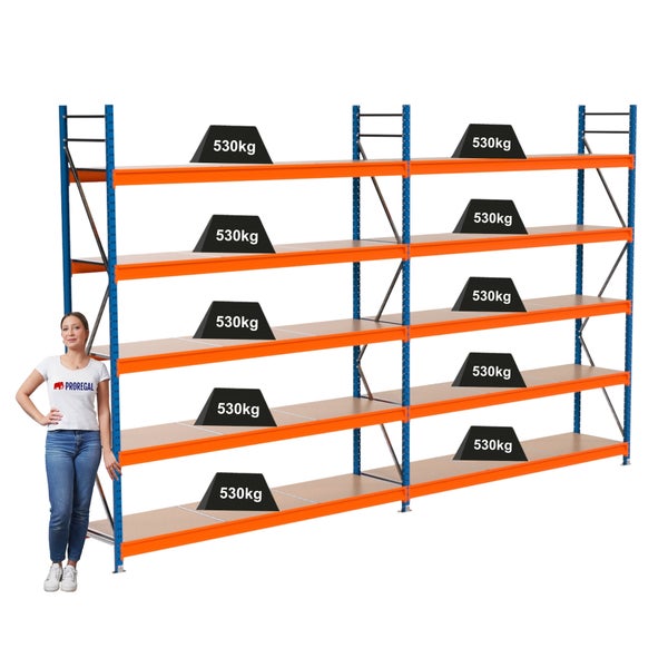 Lagerregal mit fünf Ebenen und einer Traglast von 530 Kilogramm pro Ebene