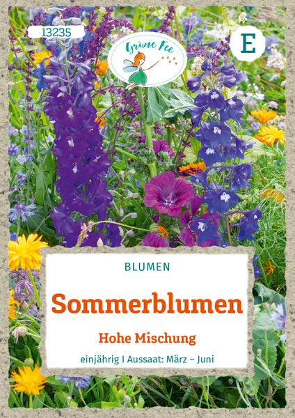 Grüne Fee Logo. Samentüte für Sommerblumen Hohe Mischung mit verschiedenen einjährigen Blumen, Aussaat von März bis Juni.
