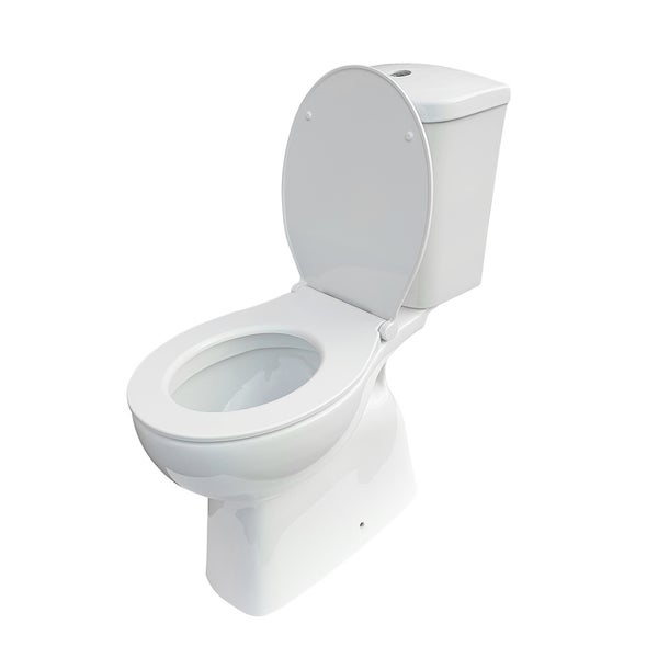 Stand-WC-Kombination aus Keramik mit Spülkasten und offenem WC-Sitz.