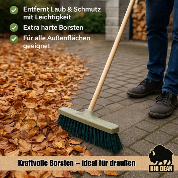Besen mit Holzstiel und harten Borsten zum Reinigen von Laub und Schmutz auf Außenflächen