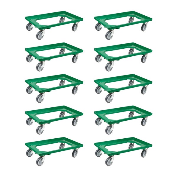 PROREGAL SparSet 10x Transportroller für Euroboxen 60 x 40 cm mit Gummiräder Grün Offenes Deck 2 Lenkrollen und 2 Bremsrollen Traglast 300 kg