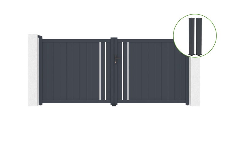 Flügeltor 3,5m GIONA H.160cm graues Aluminium + 2 Pfosten 20x20cm H.190cm