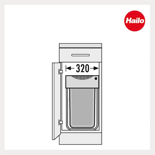 Skizze eines Hailo Einbaumülleimers in einem Unterschrank mit einer Breite von 320 Millimetern. Hailo Logo.