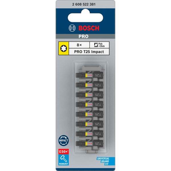 Bosch Logo. Packung mit acht T25 Impact Schrauberbits