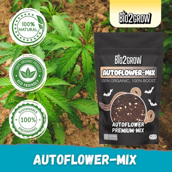 Bio2Grow Logo mit AutoFlower-Mix Verpackung, daneben grüne Pflanze und Symbole für Natürlichkeit und Nachhaltigkeit