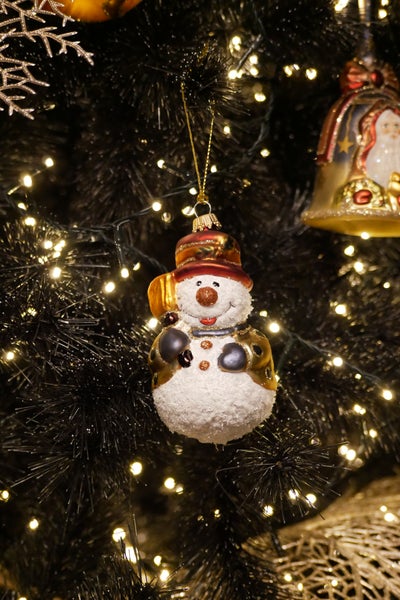 Kleiner Schneemann mit Besen und Hut, multicolor, 9cm (Glasornament, mundgeblasen und handdekoriert), 1 Stck., Weihnachtsbaumkugeln, Christbaumschmuck, Weihnachtsbaumanhänger