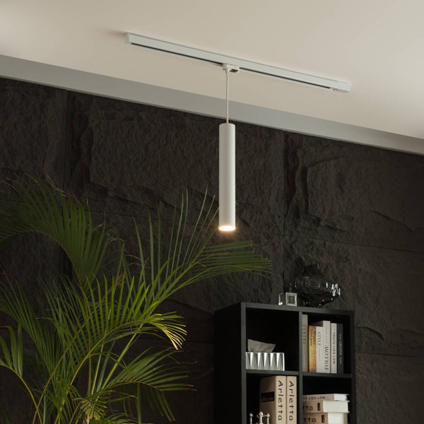 Weiße zylindrische Pendelleuchte an einem Schienensystem vor einer dunklen strukturierten Wand mit einer grünen Pflanze und einem Regal.