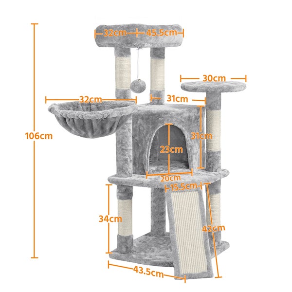 Grauer Katzenkratzbaum mit verschiedenen Ebenen und Kratzflächen sowie Maßangaben
