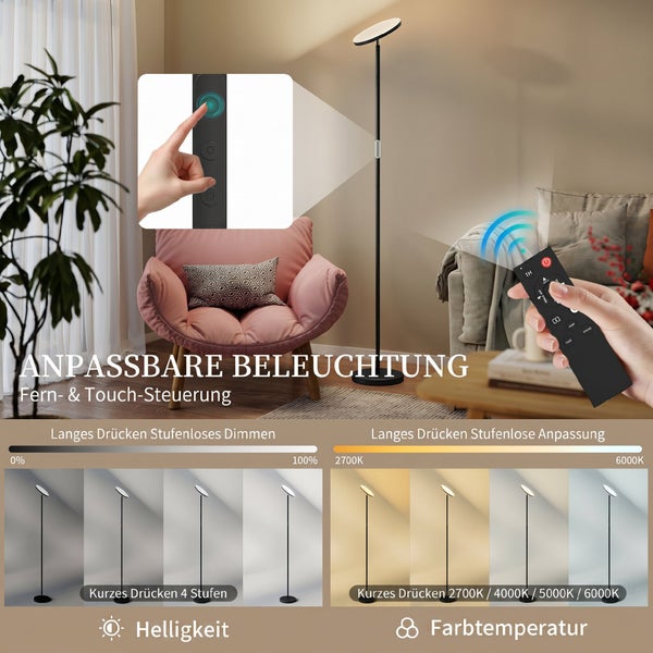 LED-Stehleuchte mit Touch- und Fernbedienung. Infografik zeigt einstellbare Helligkeit und Farbtemperatur von 2700 bis 6000 Kelvin.