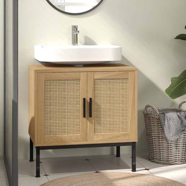kleankin Waschbeckenunterschrank Unterschrank mit Schrankfach, Waschtischunterschrank mit Rattanoptik, Badunterschrank mit Kippschutz, Eiche, 60 x 39 x 60 cm