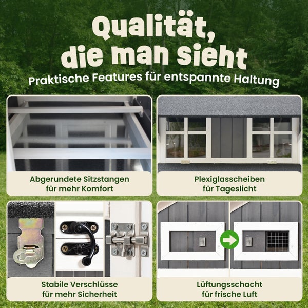 Grauer und weißer Hühnerstall aus Holz mit Auslauf auf Rasen in einem hellen Garten mit Hochbeeten und drei braunen Hühnern.