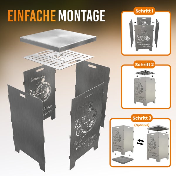 Abbildung der einfachen Montage einer Tiko Metall Feuerstelle mit Anleitung in drei Schritten