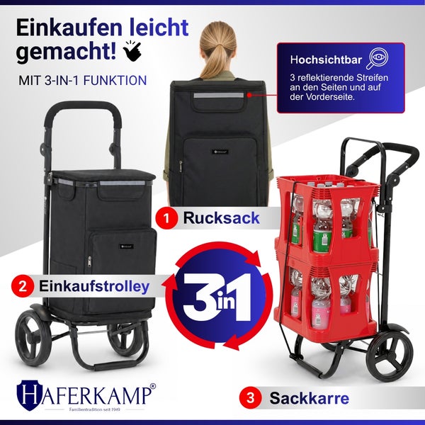 Haferkamp 3-in-1 Einkaufstrolley, verwendbar als Rucksack, Einkaufstrolley und Sackkarre, mit reflektierenden Streifen für hohe Sichtbarkeit.