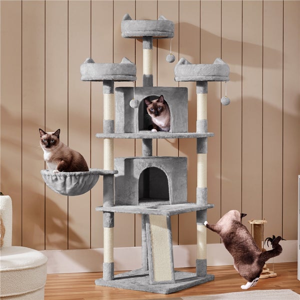 Mehrstöckiger Katzenbaum mit Kratzbaum, Höhlen und Liegeflächen, mit Katzen