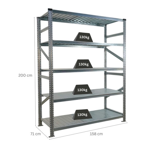 Metallregal mit vier Regalböden, Abmessungen 200 cm Höhe, 71 cm Tiefe und 158 cm Breite, maximale Belastbarkeit pro Boden 130 kg