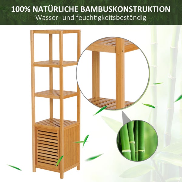 HOMCOM Badezimmerschrank schmal, Hochschrank Toilettenschrank mit 3 offenen Fächern, Badschrank Bambus für kleine Räume, Wohnzimmer, Badezimmer 36 x 33 x 140 cm Natur