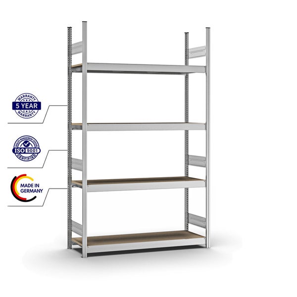 PROREGAL Weitspannregal Stecksystem T-Profil Grundregal HxBxT 250x150x40 cm 4 Ebenen Spanplatten Fachboden Fachlast 350 kg Verzinkt