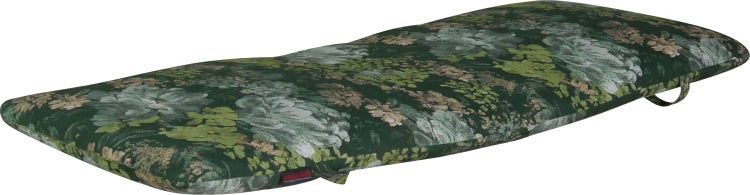 Gepolsterte Auflage für Gartenmöbel mit floralem Muster.