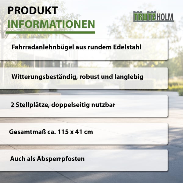 Trutzholm Fahrradanlehnbügel aus Edelstahl, witterungsbeständig, 2 Stellplätze, 115 mal 41 Zentimeter, auch als Absperrpfosten verwendbar.