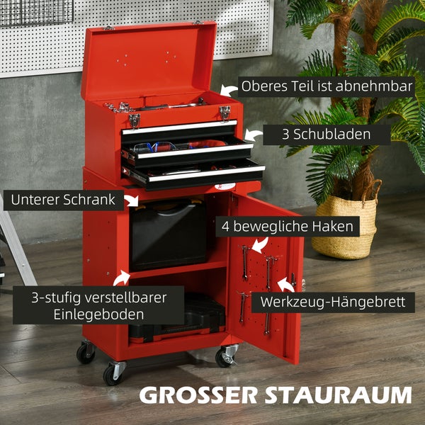 DURHAND, 2-in-1 Werkstattwagen, Rollwagen zur Werkzeugaufbewahrung, 46L x 28B x 94H cm, Stahl, Rot