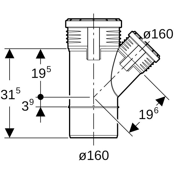 Maßzeichnung eines Abzweigrohrs mit einem Durchmesser von 160 Millimetern und einer Gesamthöhe von circa 31,5 Zentimetern.