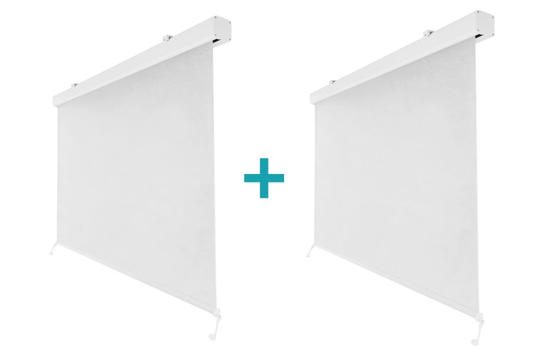 Zwei vertikale Senkrechtmarkisen zur Wand oder Deckenmontage mit Kassettengehäuse.